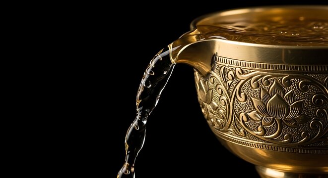 Water pours from ornate golden vessel with intricate floral patterns against a dark background.