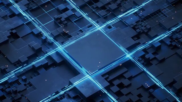 Animated technological background. Animated cubes of different sizes.