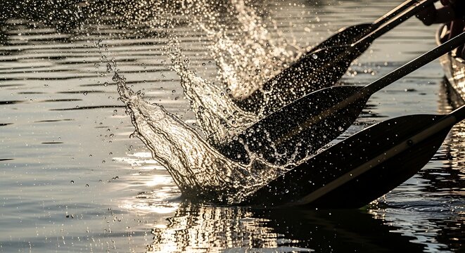 Close up of rowers with oars splashing water during a race in golden hour light