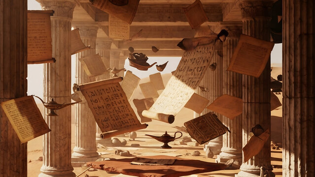 Floating ancient scrolls and clay platform in a desert void