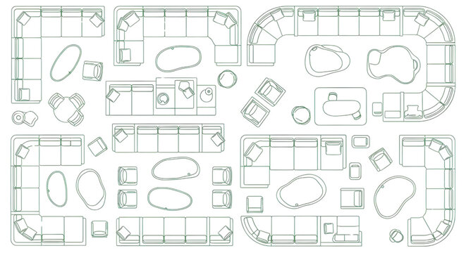 Modular Curved Sofa Top View Vector Set &ndash; Sectional Furniture Chairs Tables Interior Layout Green Outline