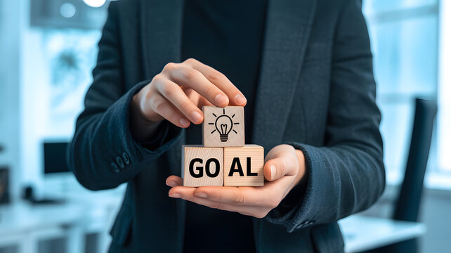 Professional hands carefully stack wooden blocks spelling GOAL with an idea lightbulb symbol in a bright office setting conceptualizing strategy and innovation