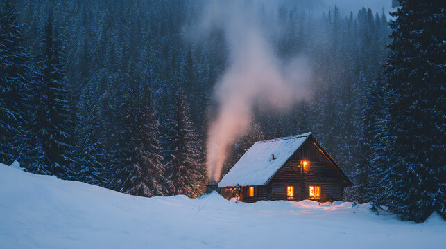 Winter cabin glowing in snowy forest