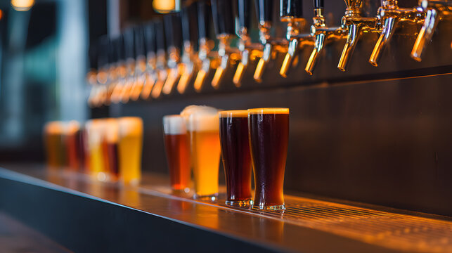 Craft beer pints under warm bar taps
