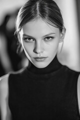 Fototapeta premium natural daylight studio test shoot of young fashion runway model, raw early 2000s editorial portrait of tall elegant russian model, minimal unretouched high fashion model in casual studio portrait