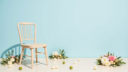 Obraz premium Graceful Wooden Chair Amidst Fresh Flowers Against a Serene Blue Wall