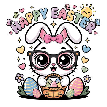 A bunny wearing glasses sits with a basket of colorful eggs outdoors