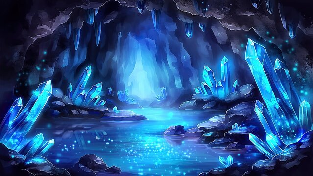 青く輝く水晶が広がる洞窟と地下湖 幻想的なファンタジー背景イラスト