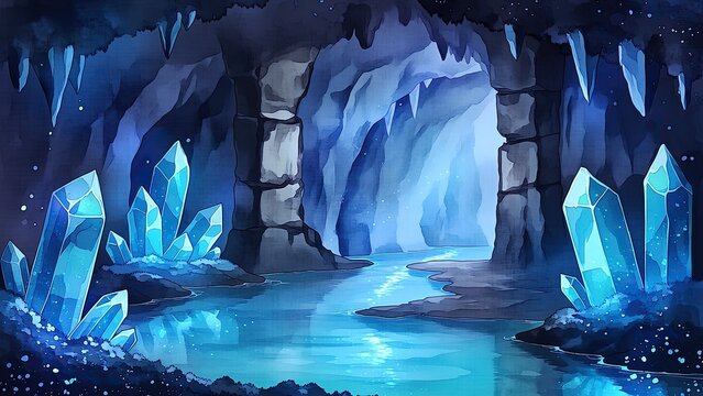 水晶が輝く神秘の洞窟と水辺 幻想的な青いファンタジー背景素材