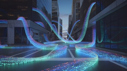 Data streams flowing through city streets like glowing rivers