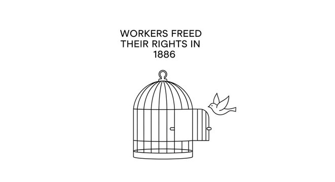 A minimalist line art illustration of a bird flying out of a cage, symbolizing workers' rights and freedom.