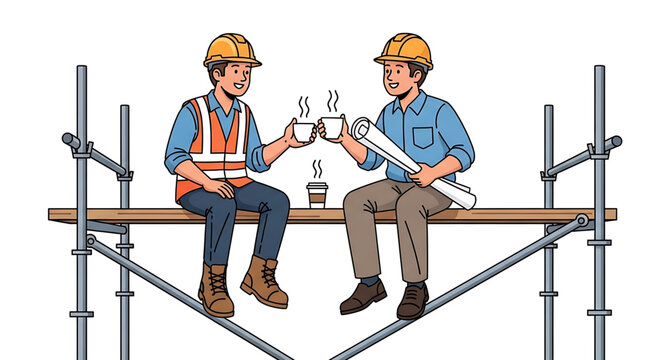 Two construction workers taking a break on scaffolding and enjoying a cup of coffee together