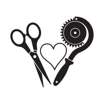A black and white illustration depicts scissors a gear a heart and a wrench combined together