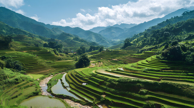 Terraced rice fields across mountain valley