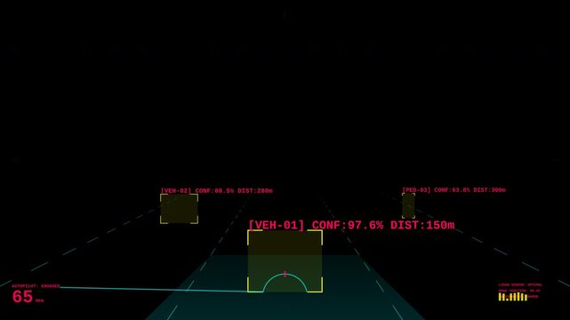 Autonomous vehicle head up display showing object detection and telemetry data during night driving