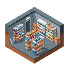 Isometric View of a Well-Stocked Underground Food Storage Room. © Vulip