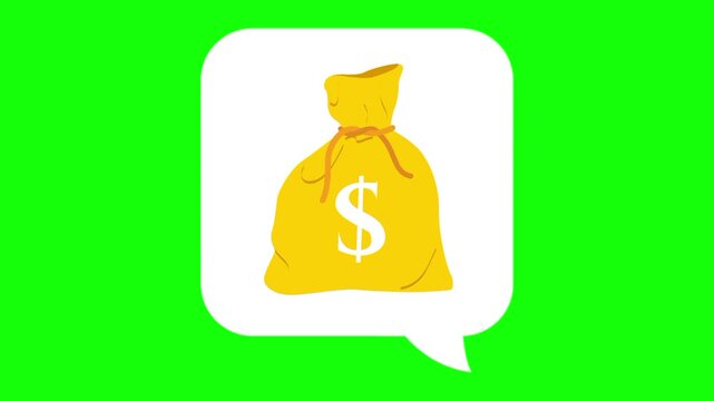 Golden, gold money bag in white dialogue box. Animated chat, conversation vector icon. Business idea, finance, economic thought symbol. Popup animation with green screen background template