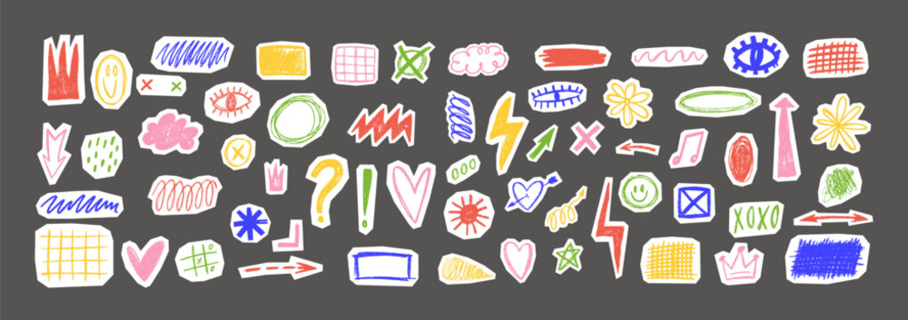 Vibrant sticker collection with lightning bolts, graffiti hearts, stars, and emo cartoon icons. Y2K scrapbook elements featuring crayon textures. Vector illustration.