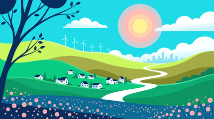 Fototapeta premium Colorful rural landscape with winding river, grazing cows, wind turbines, and rolling hills under a bright sun