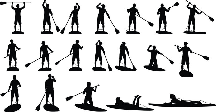 Set of stand up paddle board silhouette icons featuring people paddling, kneeling, and resting on sup boards isolated on white background for water sports design.