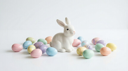 Fototapeta premium Easter bunny surrounded by colorful chocolate eggs.