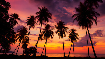 Obraz premium Sunset silhouettes of tropical palm trees