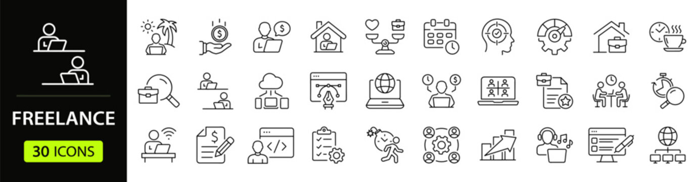 Freelance Web Icon Set in Linear Style. Collection of remote work, line icons, including working from home, freelancer, laptop, meeting, business, online job, home office and more. Editable stroke