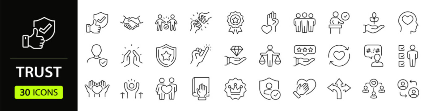 Trust Web Icon Set in Linear Style. Collection of trustworthy, line icons, including trustworthy, credibility, confidence, integrity, confidence, promise, loyalty, honesty and more. Editable stroke