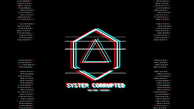 Cyber security firewall display glitching with unauthorized access and system corrupted warnings in motion