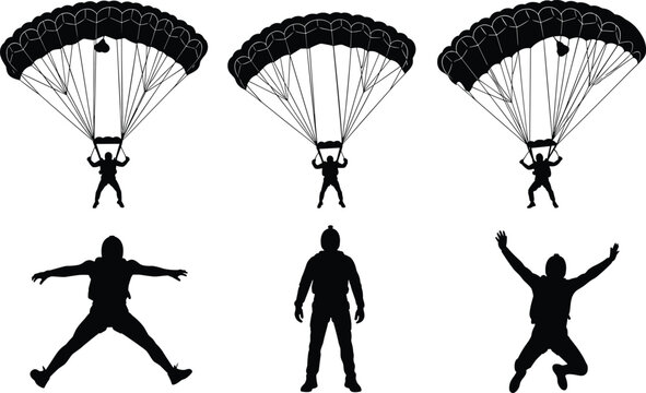 Black Silhouettes of Skydivers and Paragliders Jumping and Flying in the Sky with Parachutes Isolated on White Background for Extreme Sports Design Projects