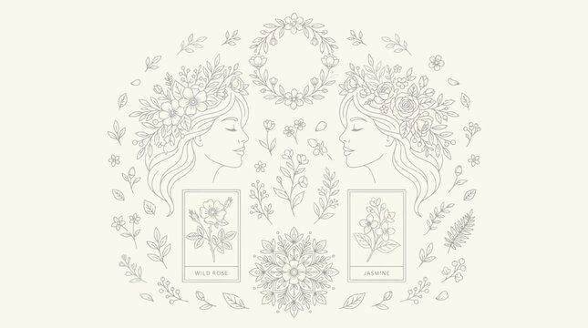 Symmetrical botanical illustration of two female profiles framed by flowers and wreaths, vintage floral art