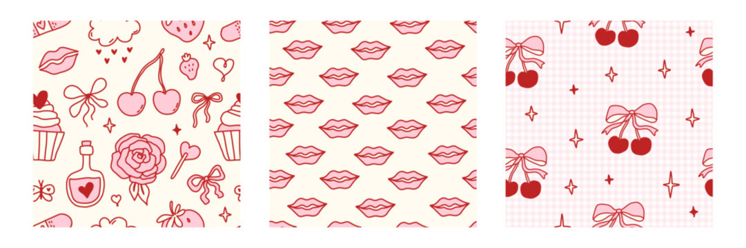 Coquette seamless pattern set with lips, cherries, bows, hearts and sweet icons in red and pink tones. Cute hand drawn girly background for Valentines Day, packaging, textiles and romantic designs.