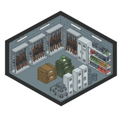 Isometric Armory Room with Weapon Racks and Storage Lockers. © Jujur