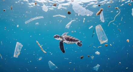 Fototapeta premium Sea turtle swimming through ocean plastic pollution underwater with melting icebergs in background