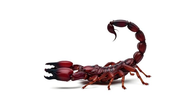 A red scorpion with a curved tail and pincer like claws on a white background