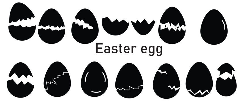 Broken Easter egg,Black solid eggs vector isolated on transparent background. Broken eggs icon set. Cracked eggs symbols.Egg shell and egg icon set. Vector illustration.