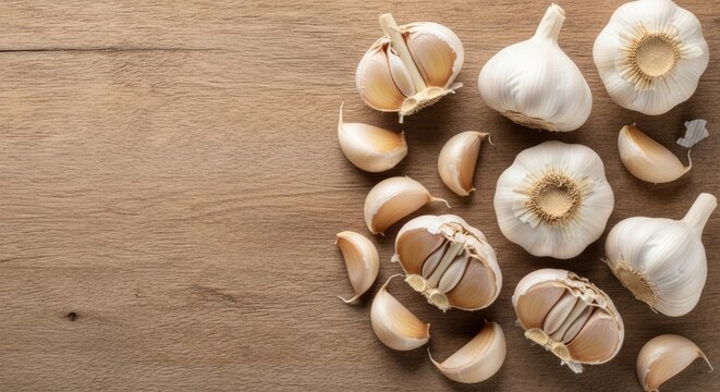 A wooden table with garlic cloves scattered on it.