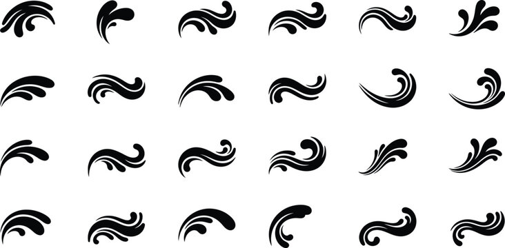 set of black swirl decorative elements and floral ornament flourishes featuring elegant water splash curves and wave silhouettes for creative graphic design projects.