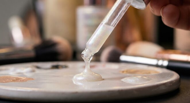 Shimmering liquid primer dripping onto makeup artist palette