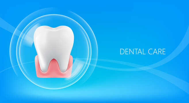 medical  3D vector illustration of clean white molar tooth with healthy pink gums protective spherical bubble symbolizing protection and hygiene product advertisements