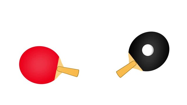 Red and black table tennis rackets hitting a white ball back and forth on white and green backgrounds.