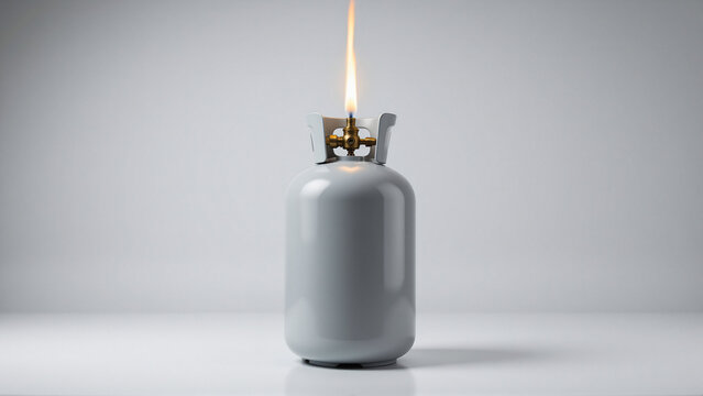 Propane gas cylinder with a lit flame on top