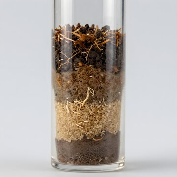A soil core sample held in a clear acrylic tube.