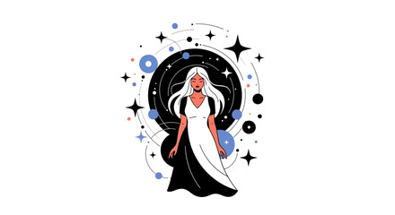Naklejka premium Woman with long blonde hair in a starry cosmic background.