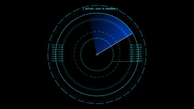 Futuristic digital retinal scan interface with radar HUD elements and biometric data tracking for cyber security
