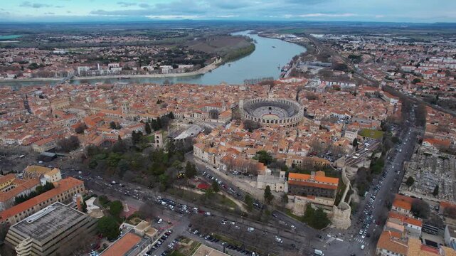 Aerial view around the old town of the city Arles France on a sunny day in early spring.