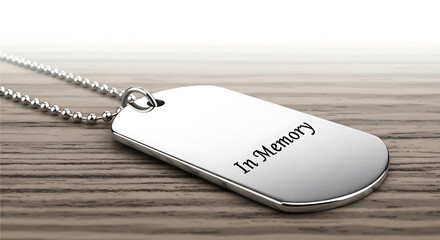 Fototapeta premium A silver dog tag necklace with a chain lies on a wooden surface with the words 'In Memory' engraved on it.