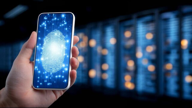 Digital fingerprint biometric authentication smartphone screen with glowing security scan and data center digital technology background conveying