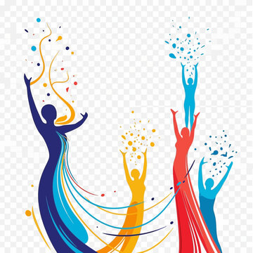 Abstract figures celebrating with colorful streams and confetti.