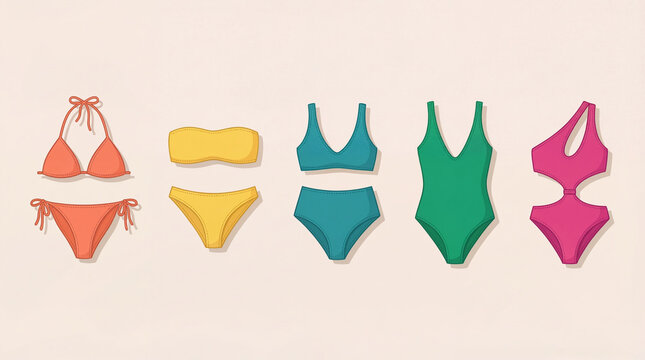 Women's swimwear highlighted against a solid light  background.  Swimsuit or bikini (top and bottom). 